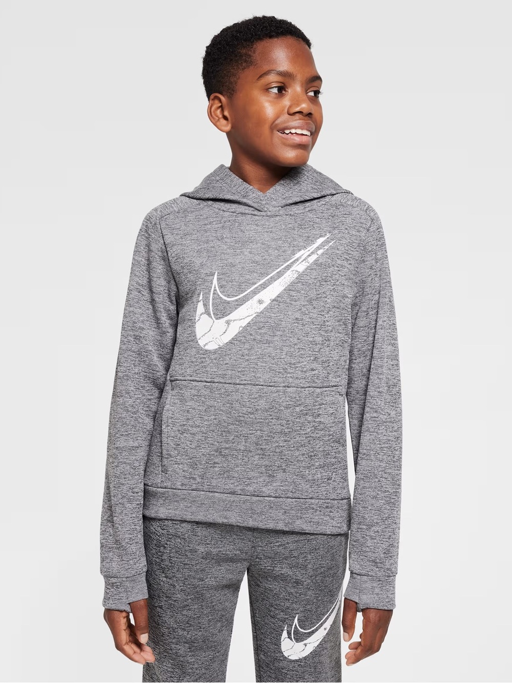 Nike Therma-Fit Gray Marled Youth Hoodie with White Swoosh Graphic